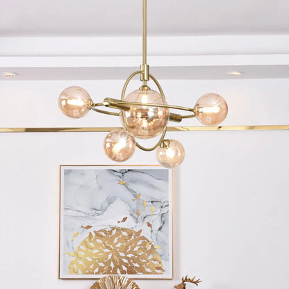 Contemporary Gold Pendant Light with Amber/Clear/Smoke Glass Sphere Shade - Living Room Chandelier