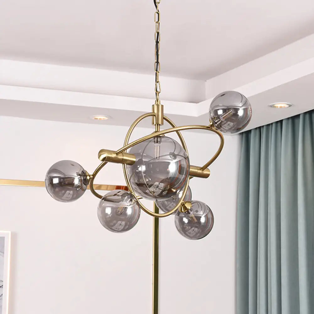 Contemporary Gold Pendant Light with Amber/Clear/Smoke Glass Sphere Shade - Living Room Chandelier
