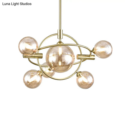 Contemporary Gold Pendant Light with Amber/Clear/Smoke Glass Sphere Shade - Living Room Chandelier