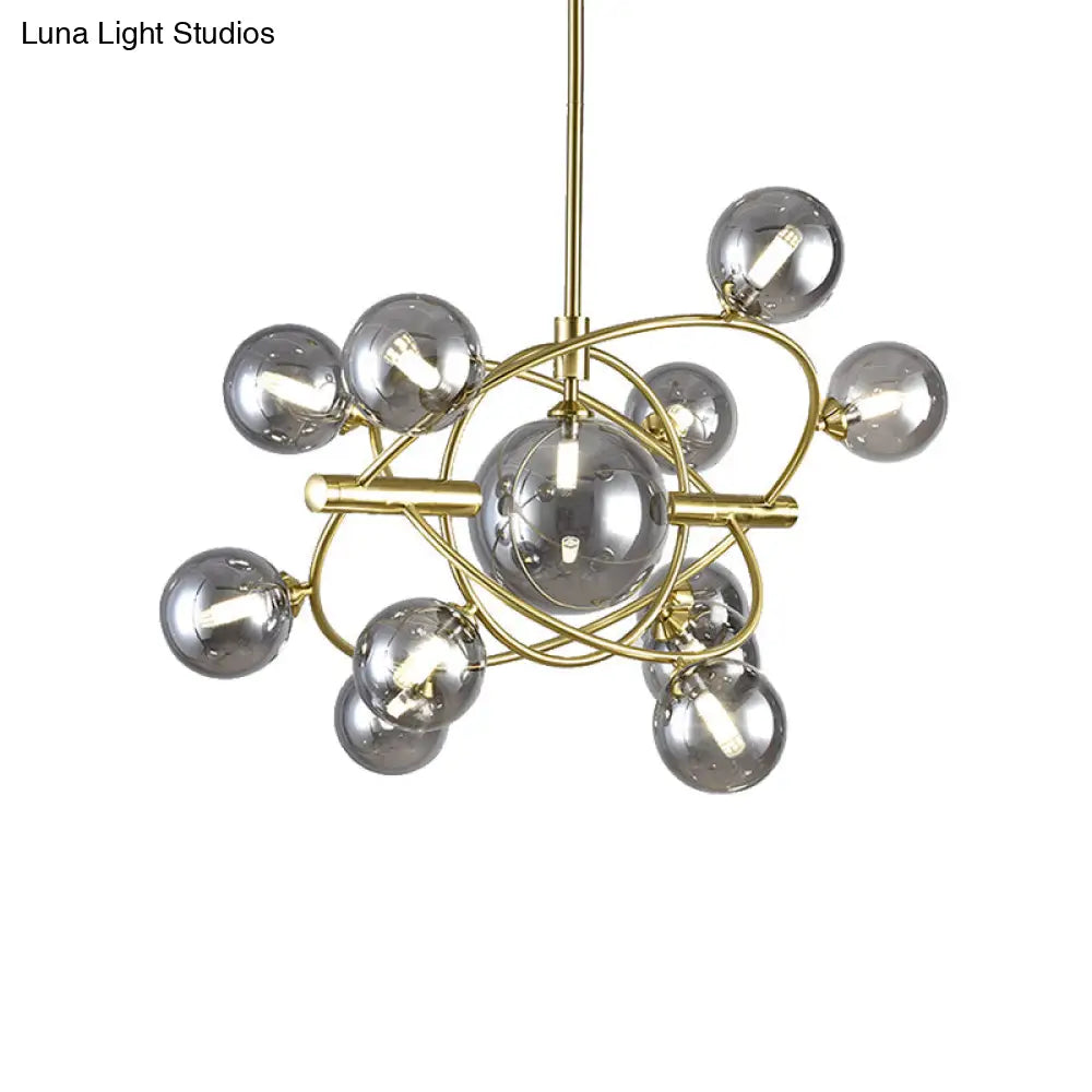 Contemporary Gold Pendant Light with Amber/Clear/Smoke Glass Sphere Shade - Living Room Chandelier