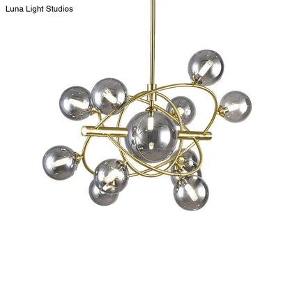 Contemporary Gold Pendant Light with Amber/Clear/Smoke Glass Sphere Shade - Living Room Chandelier