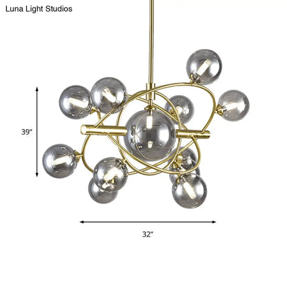 Contemporary Gold Pendant Light with Amber/Clear/Smoke Glass Sphere Shade - Living Room Chandelier