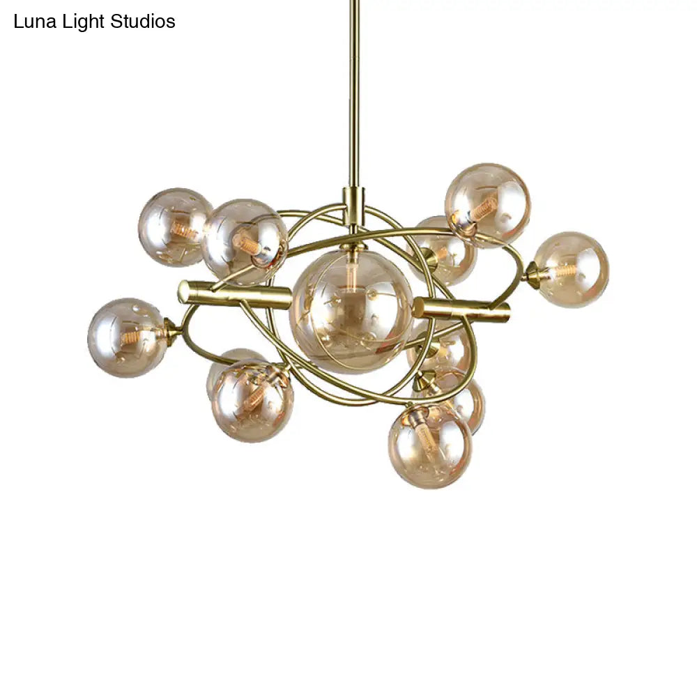 Contemporary Gold Pendant Light with Amber/Clear/Smoke Glass Sphere Shade - Living Room Chandelier