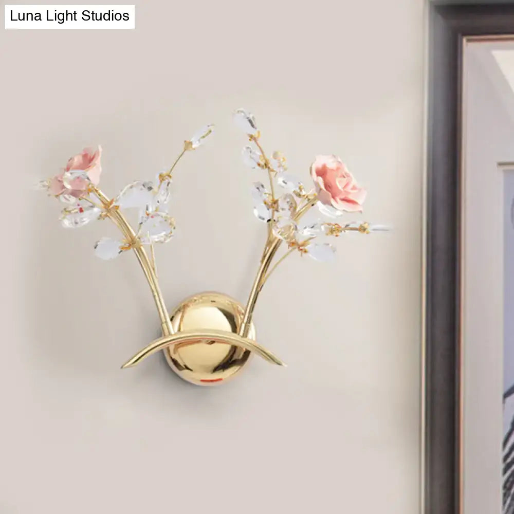 Contemporary gold wall lamp with pink rose crystal branch design bulb base and bulb included for bedroom sconce