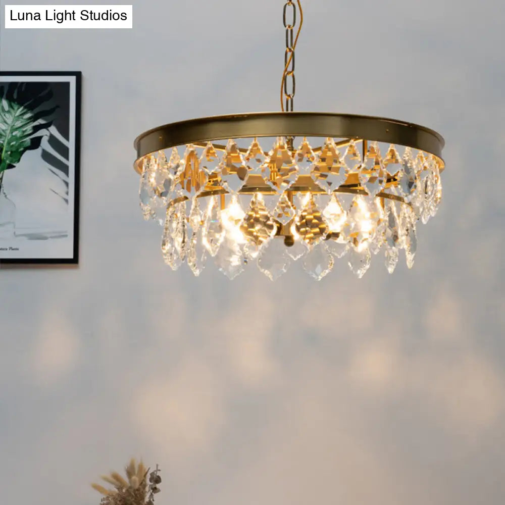 Contemporary Gold Ring Chandelier with Rhombic Crystals - 4 Bulbs - Elegant Suspension Lighting