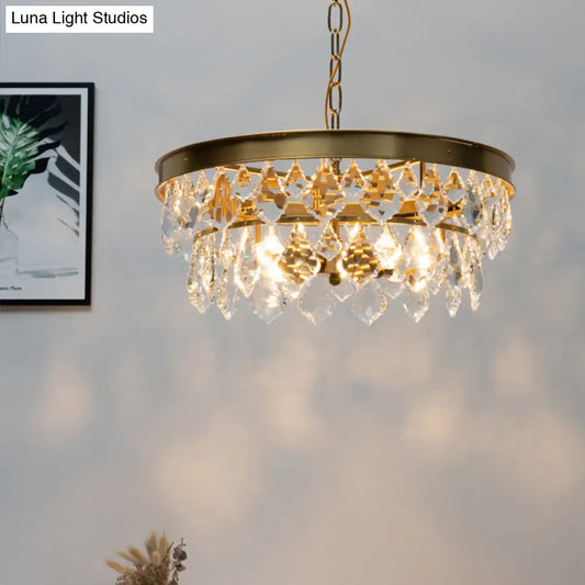 Contemporary Gold Ring Chandelier with Rhombic Crystals - 4 Bulbs - Elegant Suspension Lighting