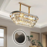 Decorbites™ contemporary gold-toned and silver-framed oval island pendant with clear crystal prisms for living room
