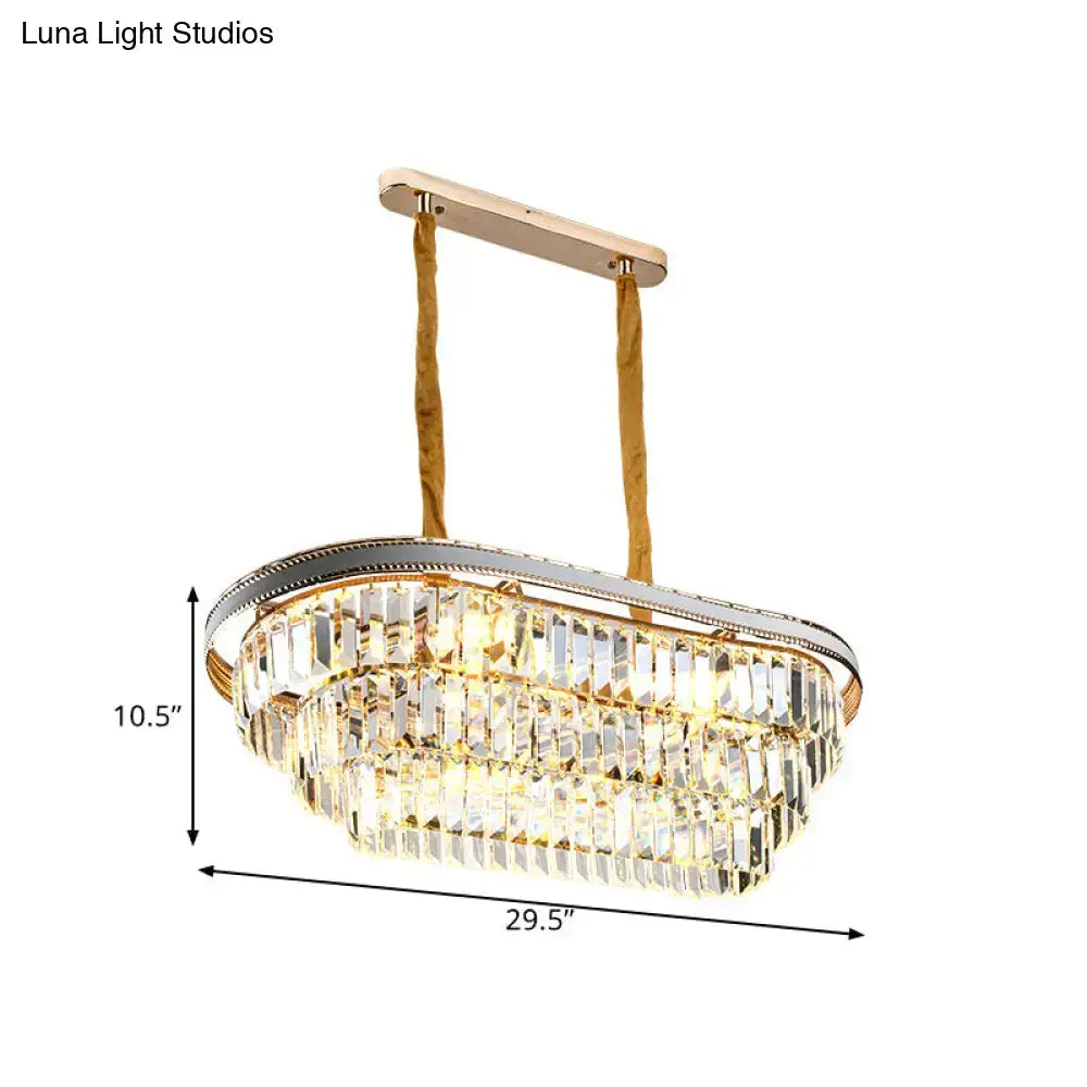 Gold-toned decorbites contemporary 3-tier oval island pendant with clear crystal prisms and silver frame hanging lamp
