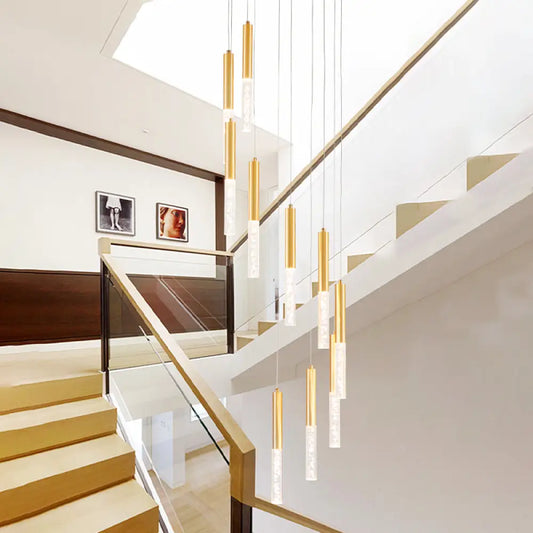 Contemporary Gold Slim Tube Hanging Light - Acrylic 10-Light Stair Pendant Chandelier