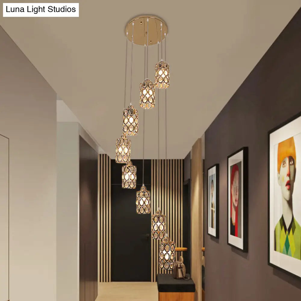 Contemporary Gold Stair Pendant with Crystal Cylinder Shades - 8-Head Multi-Light Hanging Lamp