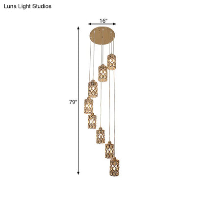 Contemporary Gold Stair Pendant with Crystal Cylinder Shades - 8-Head Multi-Light Hanging Lamp