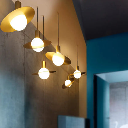 Contemporary Gold Suspension Pendant Light with White Glass and Ring