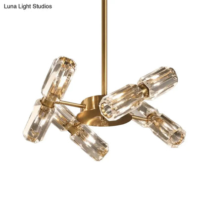 Lámpara de techo colgante contemporánea con tubo dorado y cristal facetado, con 6/8/10 bombillas.