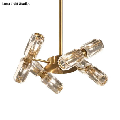 Lámpara de techo colgante contemporánea con tubo dorado y cristal facetado, con 6/8/10 bombillas.