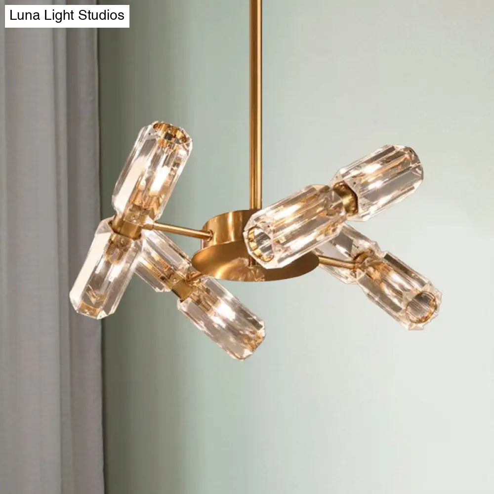 Lámpara de techo colgante contemporánea con tubo dorado y cristal facetado, con 6/8/10 bombillas.