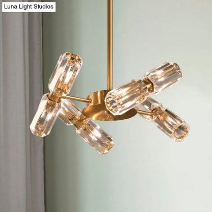 Lámpara de techo colgante contemporánea con tubo dorado y cristal facetado, con 6/8/10 bombillas.