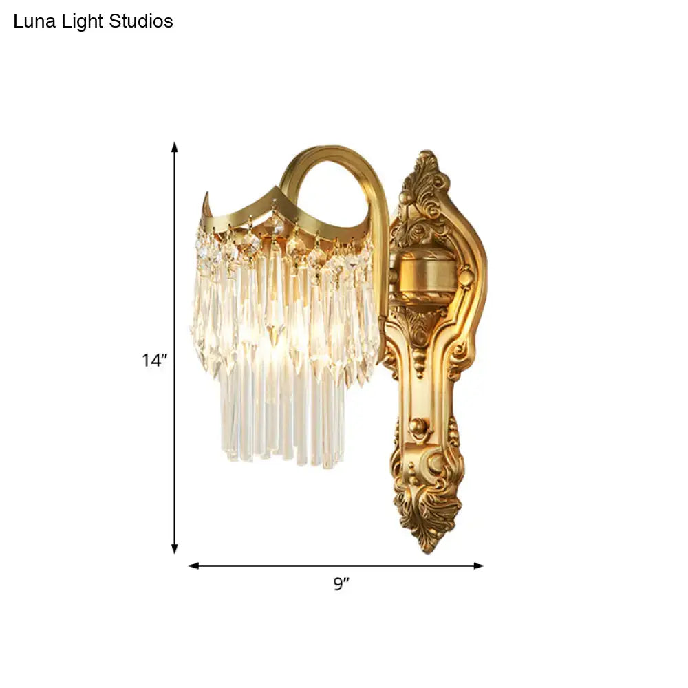 Contemporary gold wall lamp with clear crystal prism cascading design suitable for corridor lighting with led options