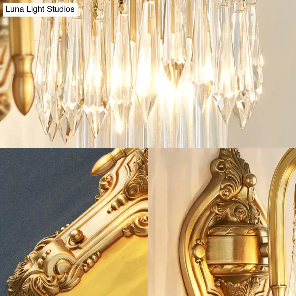 Contemporary gold wall lamp featuring clear crystal prism cascades suitable for corridor with led incandescent fluorescent options