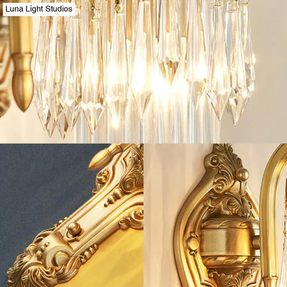 Contemporary gold wall lamp featuring clear crystal prism cascades suitable for corridor with led incandescent fluorescent options