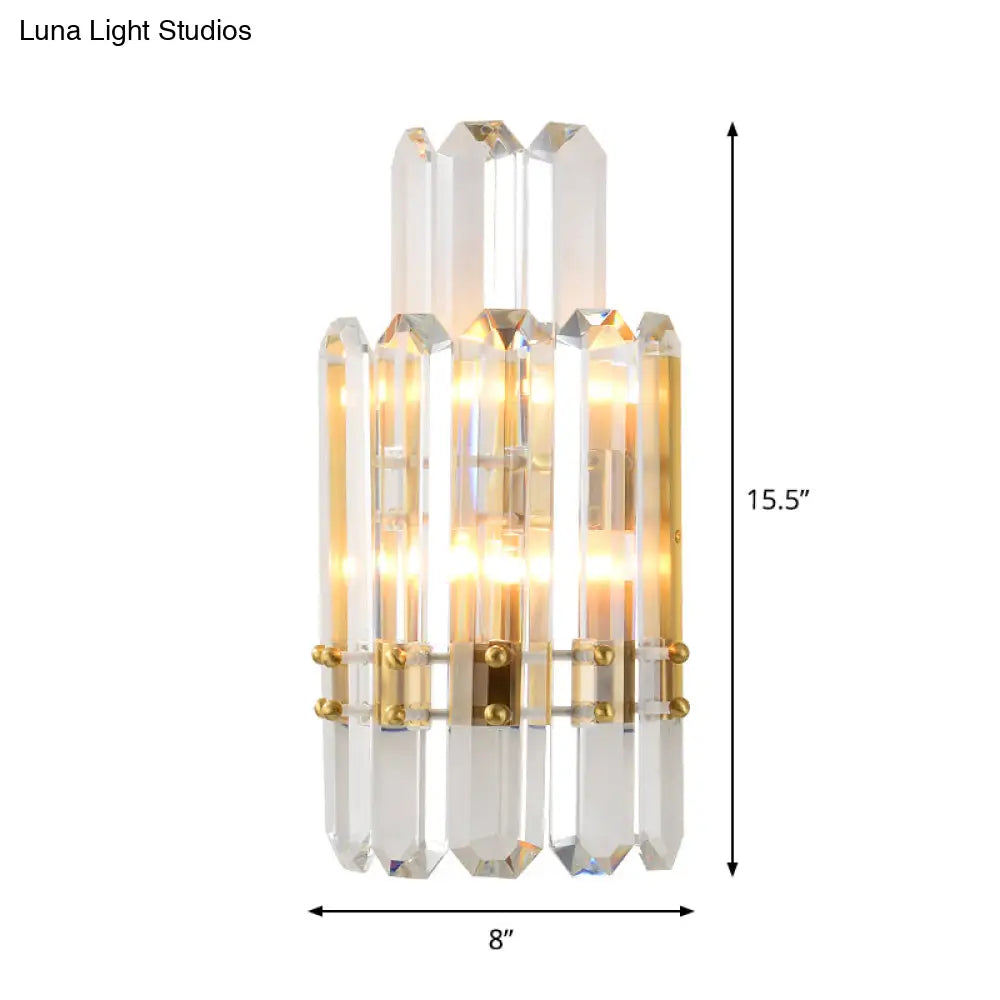 Aplique de pared contemporáneo DecorBites™ dorado con 2 niveles de prismas de cristal transparente: perfecto para restaurantes.