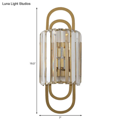 Aplique de pared contemporáneo dorado DecorBites™ con varillas de vidrio de tres lados - Lámpara cilíndrica de 2 luces para dormitorio
