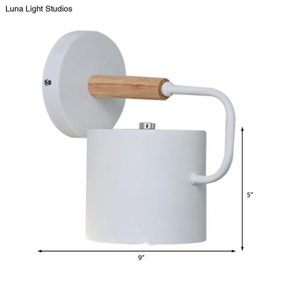 Contemporary gray metal wall light with white cylindrical sconce, wooden handle, curved arm, compatible 110v-120v 220v-240v