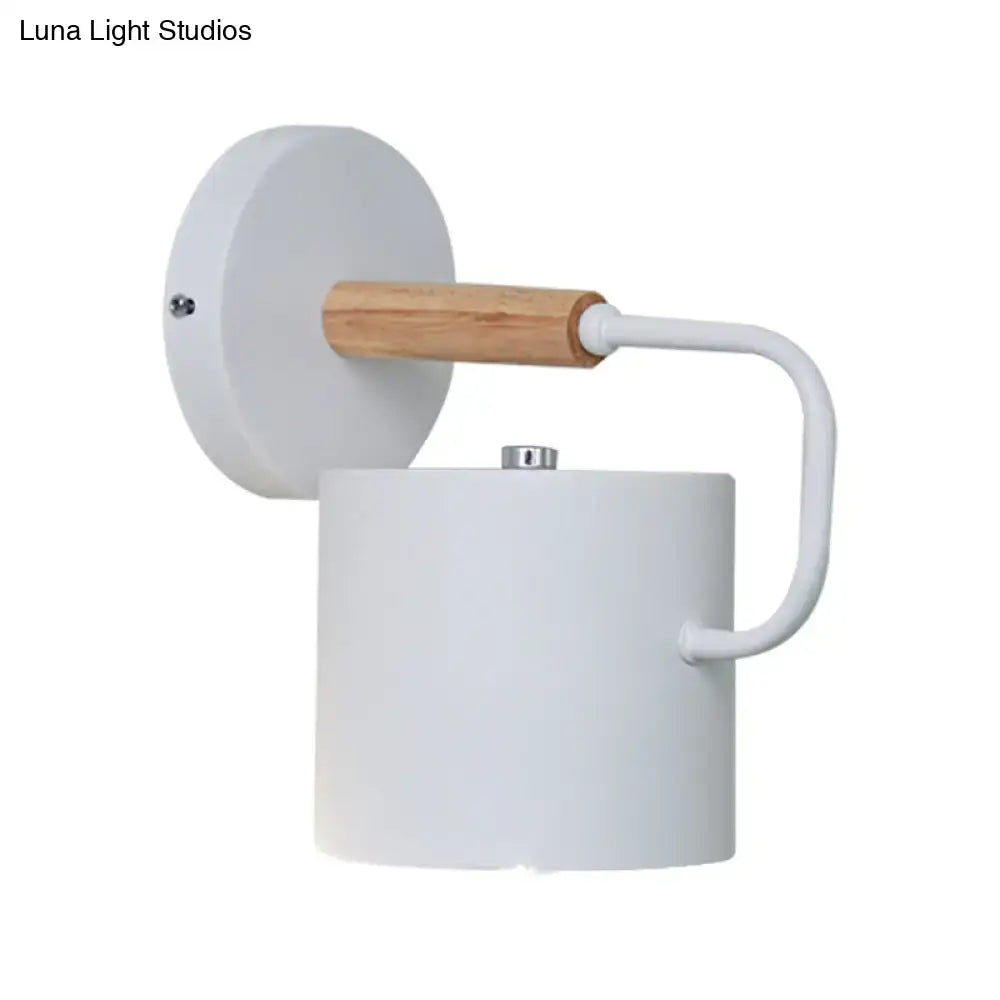 Contemporary gray metal wall light with white cylindrical sconce wooden handle and metal accents suitable for 110v-120v and 220v-240v