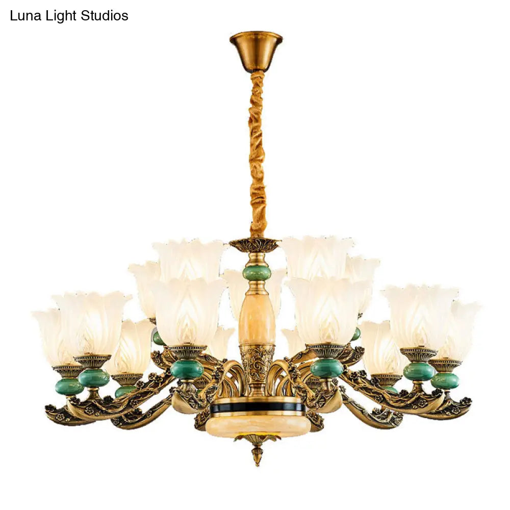 Contemporary Green Chandelier with Frosted Glass Floral Drop Lamp