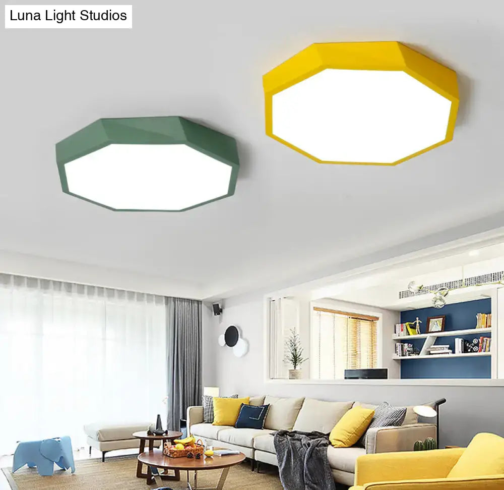 Modern geometric decorbites™ acrylic flush mount ceiling light with octagonal shape and yellow or green rim panel