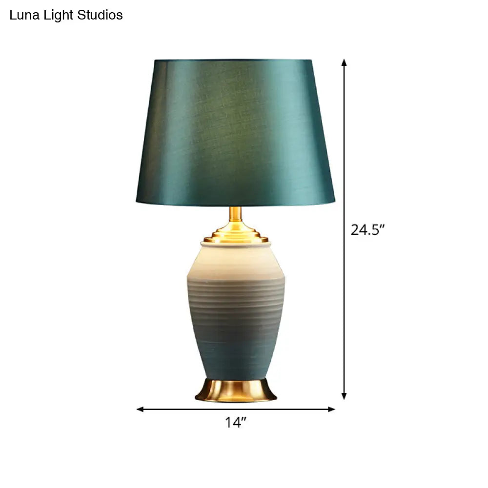 Contemporary Green Tapered Drum Table Lamp, 13"/14" Wide