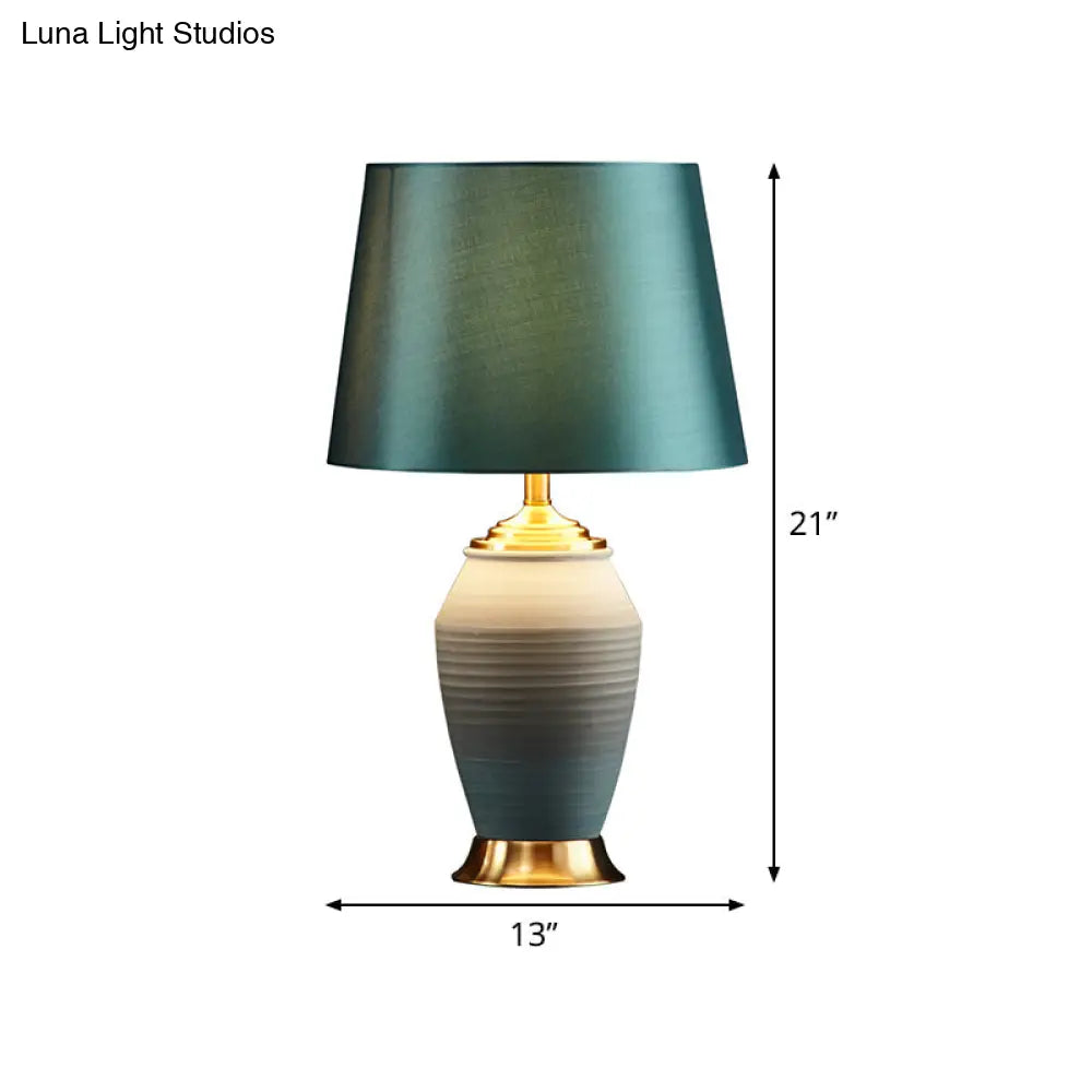 Contemporary Green Tapered Drum Table Lamp, 13"/14" Wide