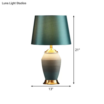 Contemporary Green Tapered Drum Table Lamp, 13"/14" Wide