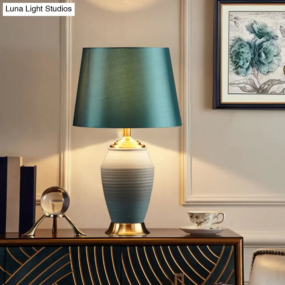 Contemporary Green Tapered Drum Table Lamp, 13"/14" Wide