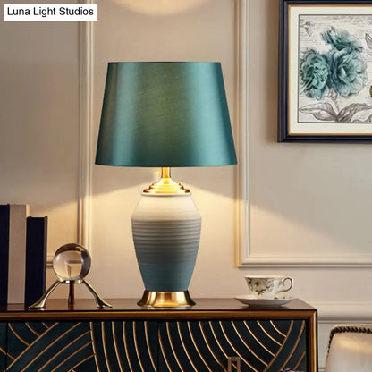 Contemporary Green Tapered Drum Table Lamp, 13"/14" Wide