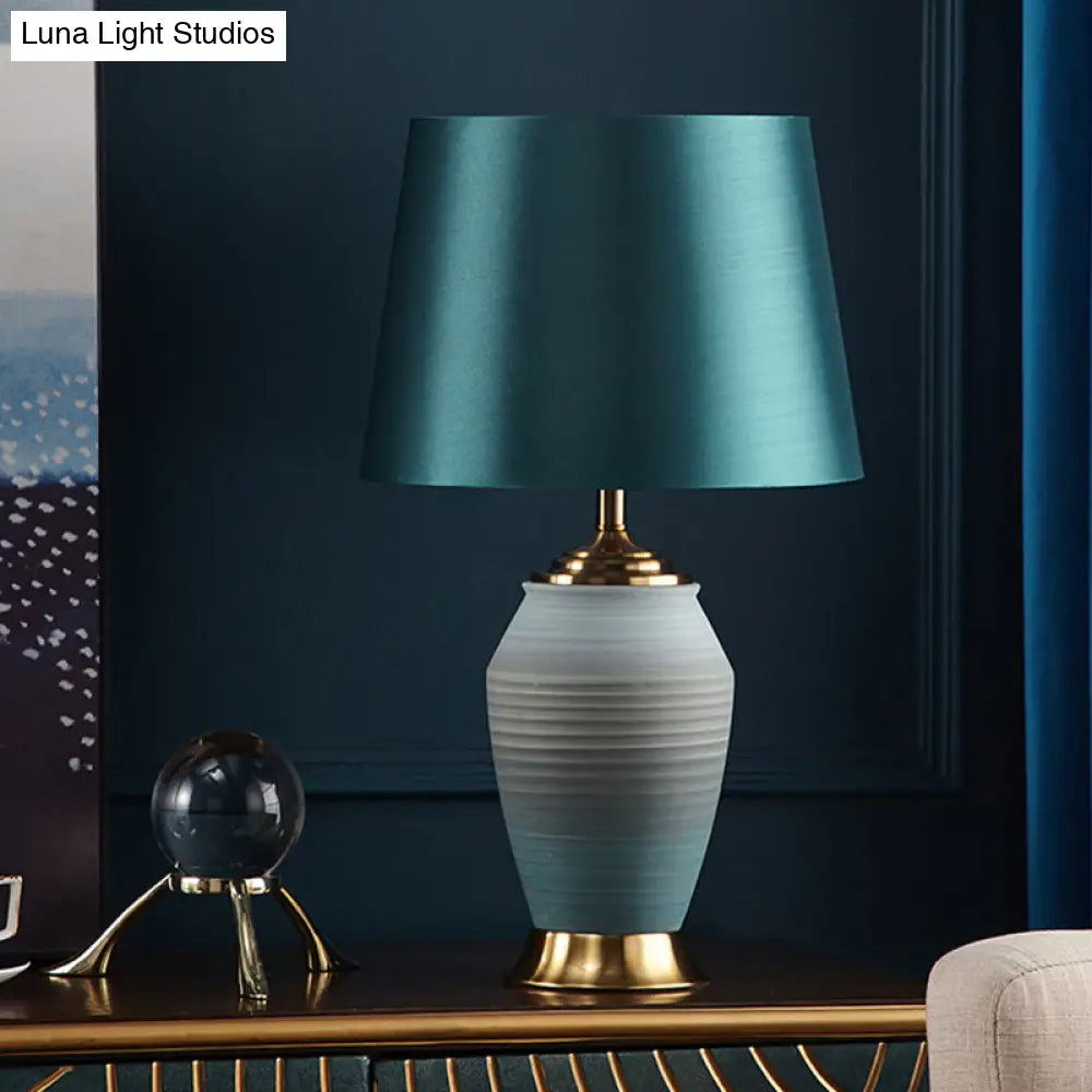 Contemporary Green Tapered Drum Table Lamp, 13"/14" Wide