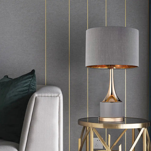 Lámpara de mesa de noche cilíndrica contemporánea gris/blanca - Iluminación de tela para mesita de noche en la sala de estar