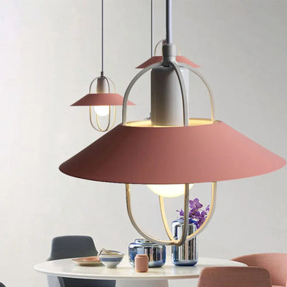 Contemporary Hanging Light with Metal Shade - 1 Light - Black/Pink/White Lantern Suspension