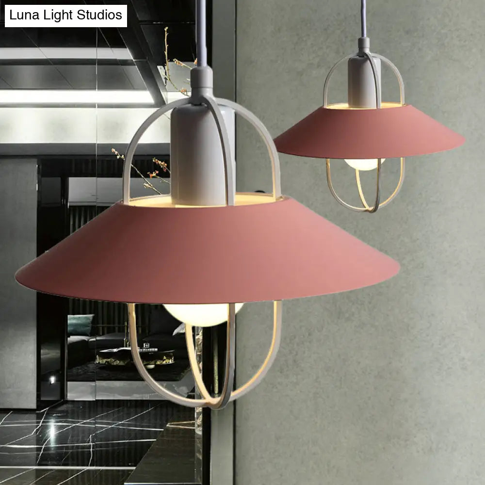 Contemporary Hanging Light with Metal Shade - 1 Light - Black/Pink/White Lantern Suspension