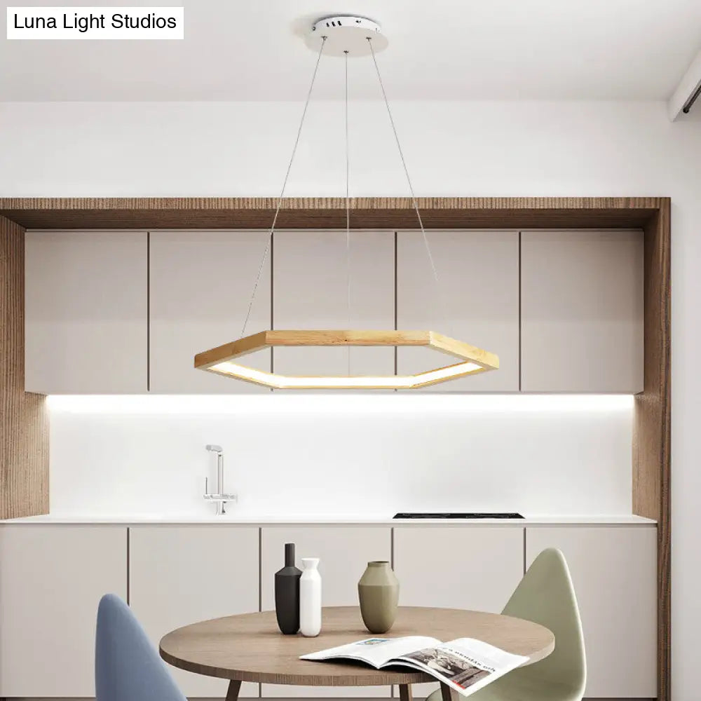 Contemporary Hexagonal Wood and Acrylic Pendant Chandelier with LED Lighting, 16"/19.5"/23.5" Wide