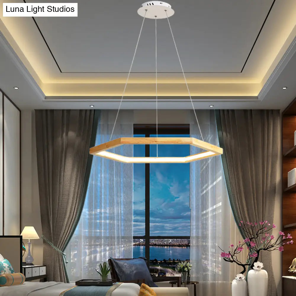Contemporary Hexagonal Wood and Acrylic Pendant Chandelier with LED Lighting, 16"/19.5"/23.5" Wide