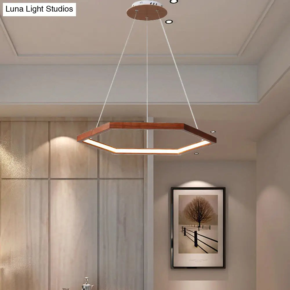 Contemporary Hexagonal Wood and Acrylic Pendant Chandelier with LED Lighting, 16"/19.5"/23.5" Wide