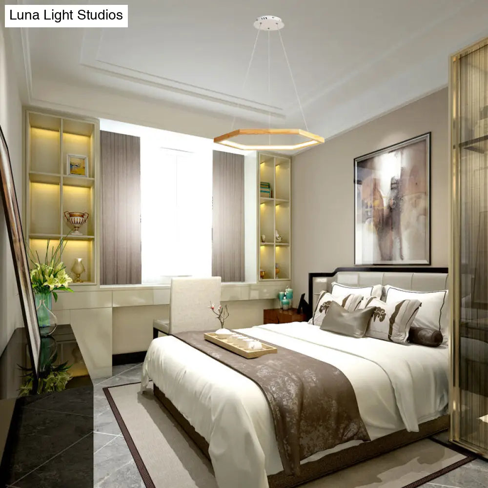 Contemporary Hexagonal Wood and Acrylic Pendant Chandelier with LED Lighting, 16"/19.5"/23.5" Wide