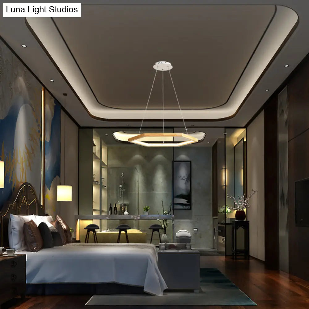 Contemporary Hexagonal Wood and Acrylic Pendant Chandelier with LED Lighting, 16"/19.5"/23.5" Wide