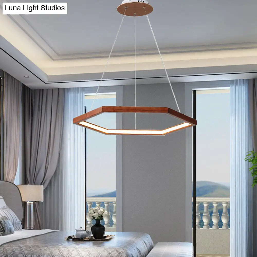 Contemporary Hexagonal Wood and Acrylic Pendant Chandelier with LED Lighting, 16"/19.5"/23.5" Wide