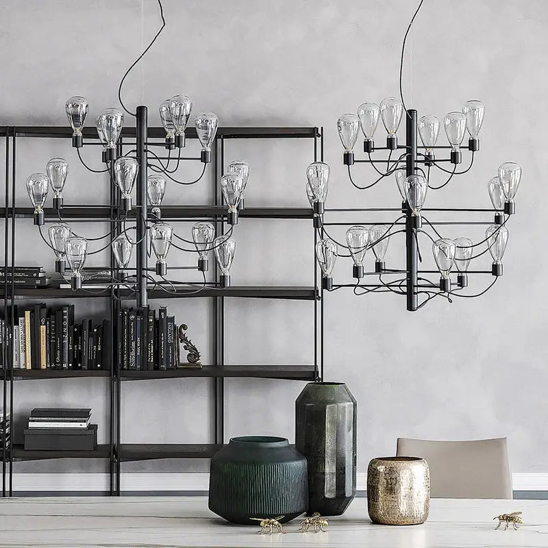 Black metal contemporary iron glass chandelier with multiple clear glass bulbs in a geometric branching foyer design