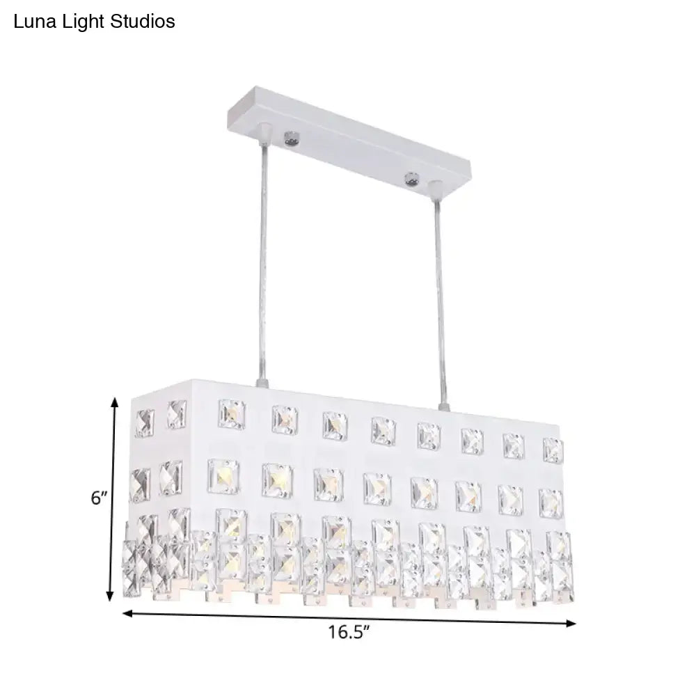 Contemporary ivory metal chandelier with white rectangular pendant light featuring clear crystal accents for dining room