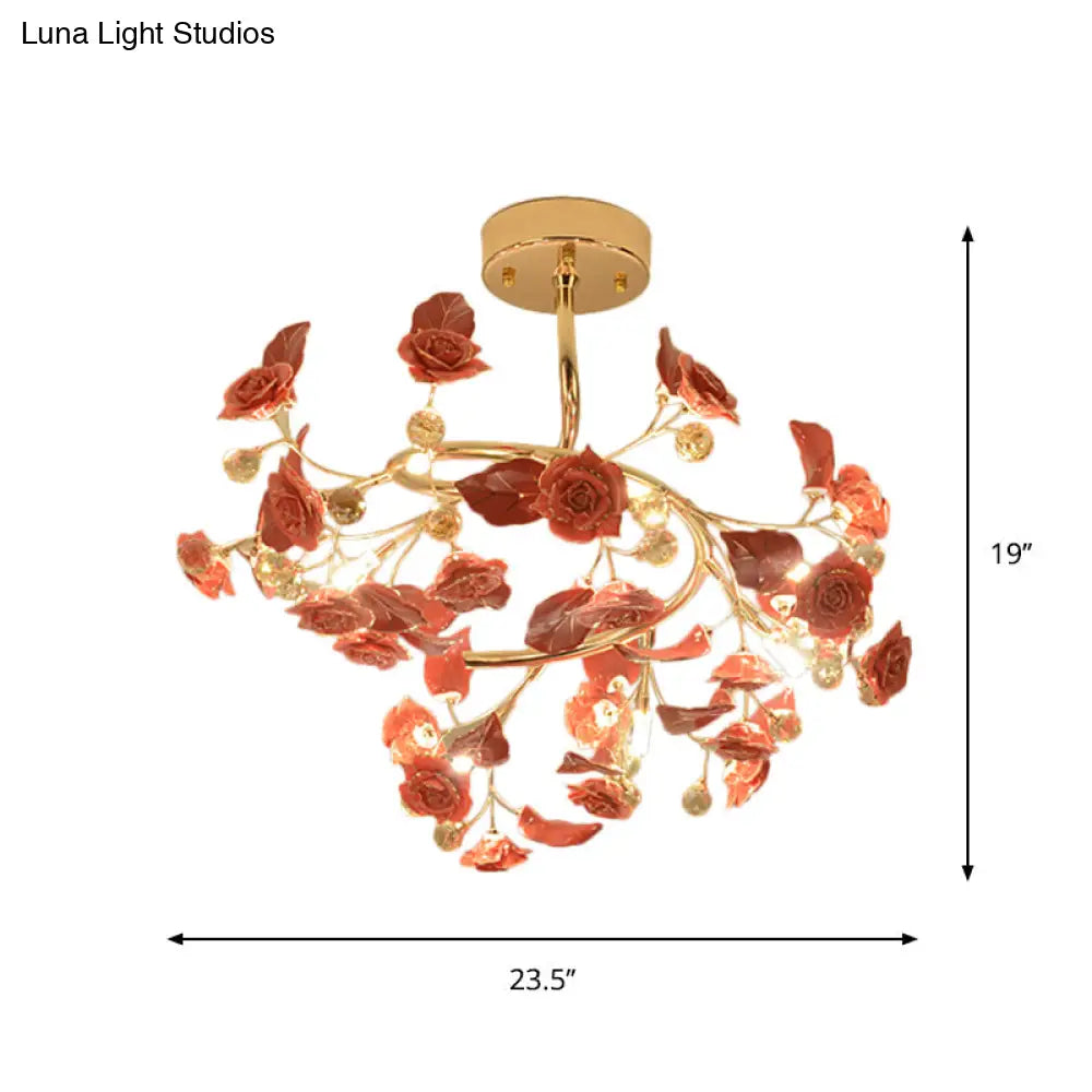 DecorBites™ DecorBites™ Contemporary K9 Crystal Red Semi Flush Light with Elegant Rose and Leaf Spiral Design and 7 Lights