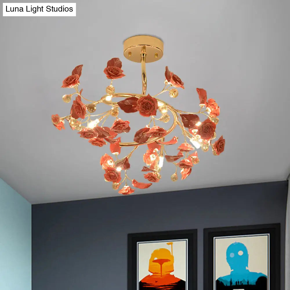 DecorBites™ DecorBites™ Contemporary K9 Crystal Red Semi Flush Light with Elegant Rose and Leaf Spiral Design and 7 Lights