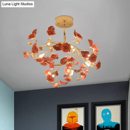 DecorBites™ DecorBites™ Contemporary K9 Crystal Red Semi Flush Light with Elegant Rose and Leaf Spiral Design and 7 Lights