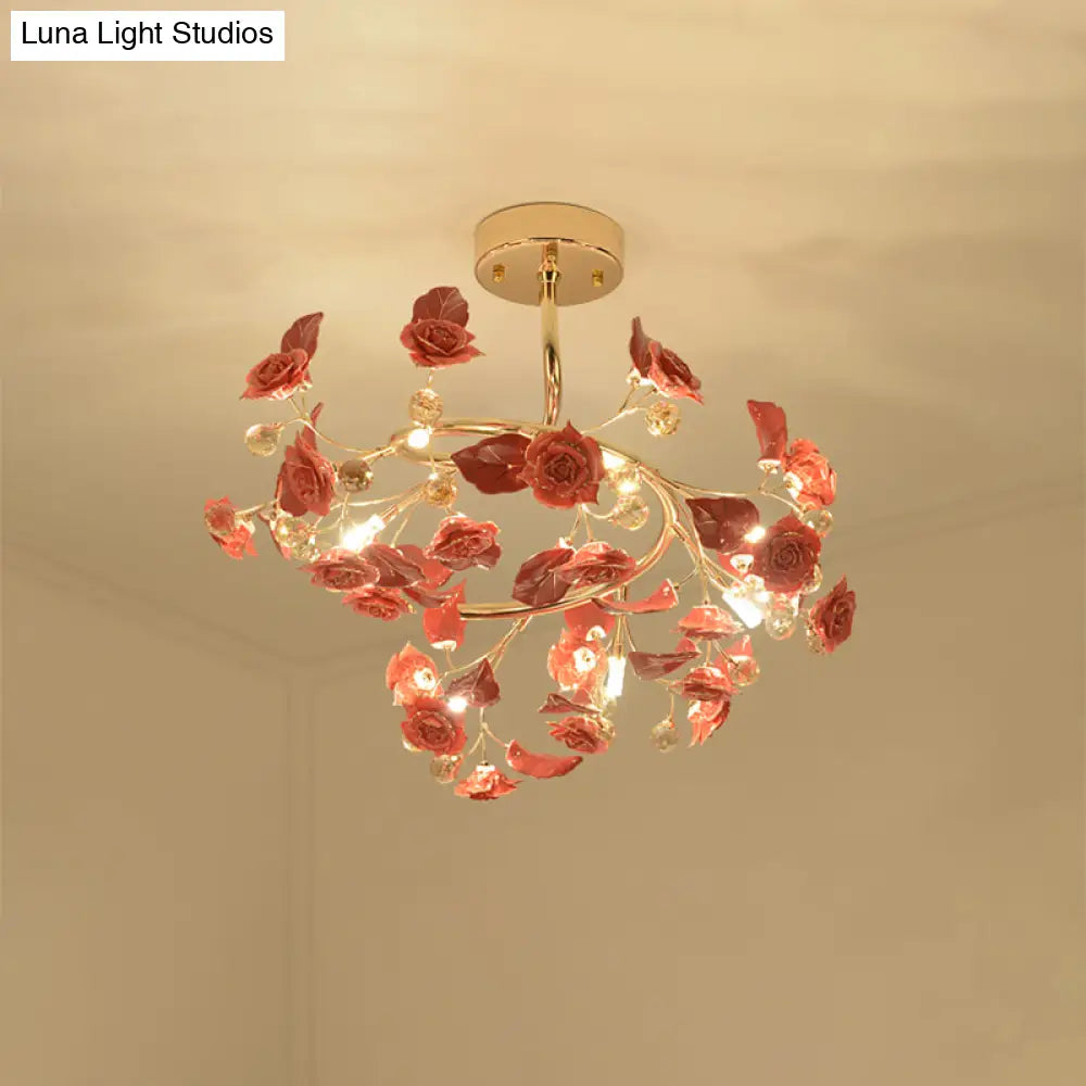 DecorBites™ DecorBites™ Contemporary K9 Crystal Red Semi Flush Light with Elegant Rose and Leaf Spiral Design and 7 Lights